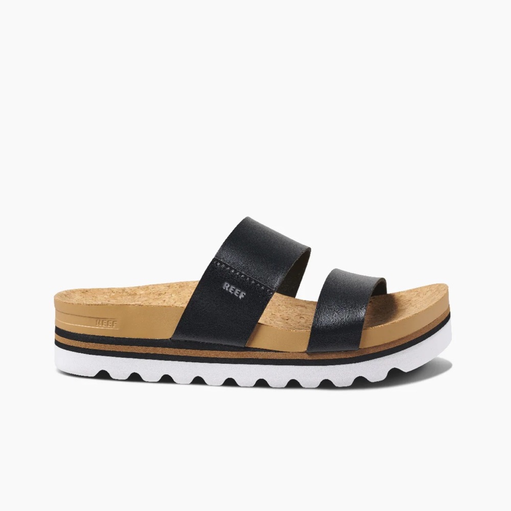 Reef Cushion Vista Hi Women's Black and Tan Platform Sandals